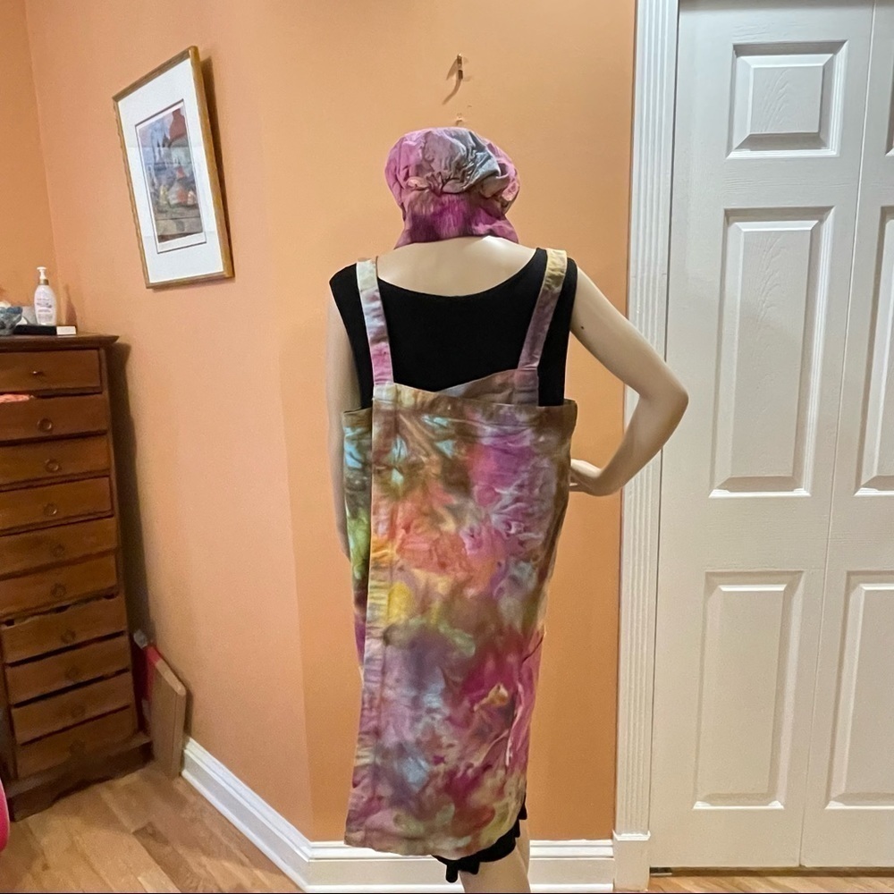 Tie Dye large Japanese wrap around apron matching toque chef's hat rainbow - Picture 2 of 6